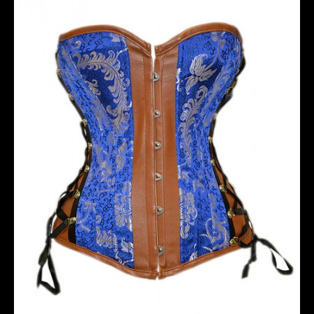Blue with Brown Leather Look Trimming Corset
